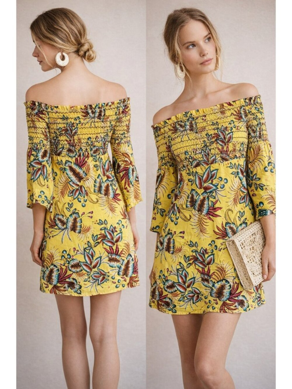 Farm Rio Bria Smocked Mini Dress Yellow Floral Off-The-Shoulder XS Anthropologie